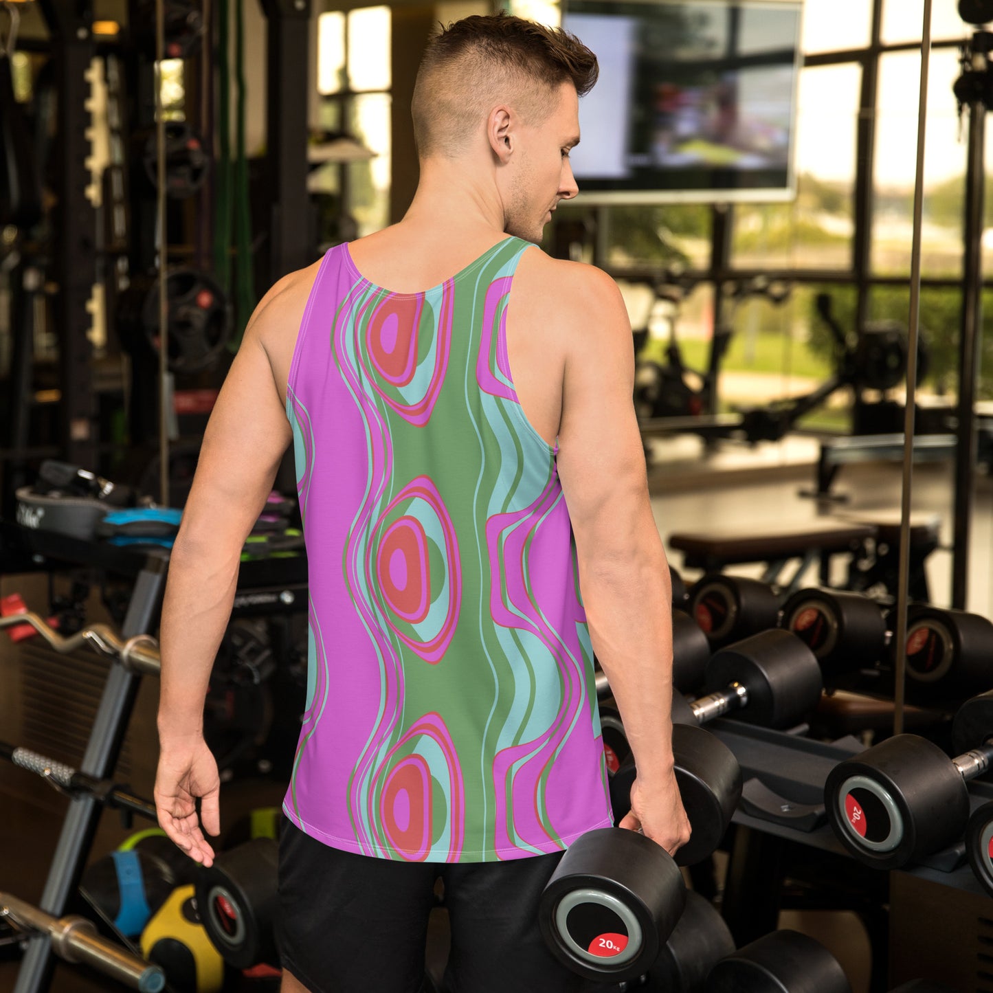 Far out man! This tank top has everything you could possibly need – vibrant colors, soft material, and a relaxed fit that will make you look fabulous! Pattern on tank top: The Far Out Wave: "The Far Out Wave" is a retro inspired pattern. Reminiscent of a lava lamp with its floating globules. This is a pattern someone could stare into for ever and never lose interest.