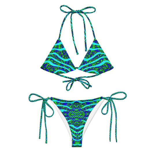 Green blue over top wave All-over print recycled string bikini