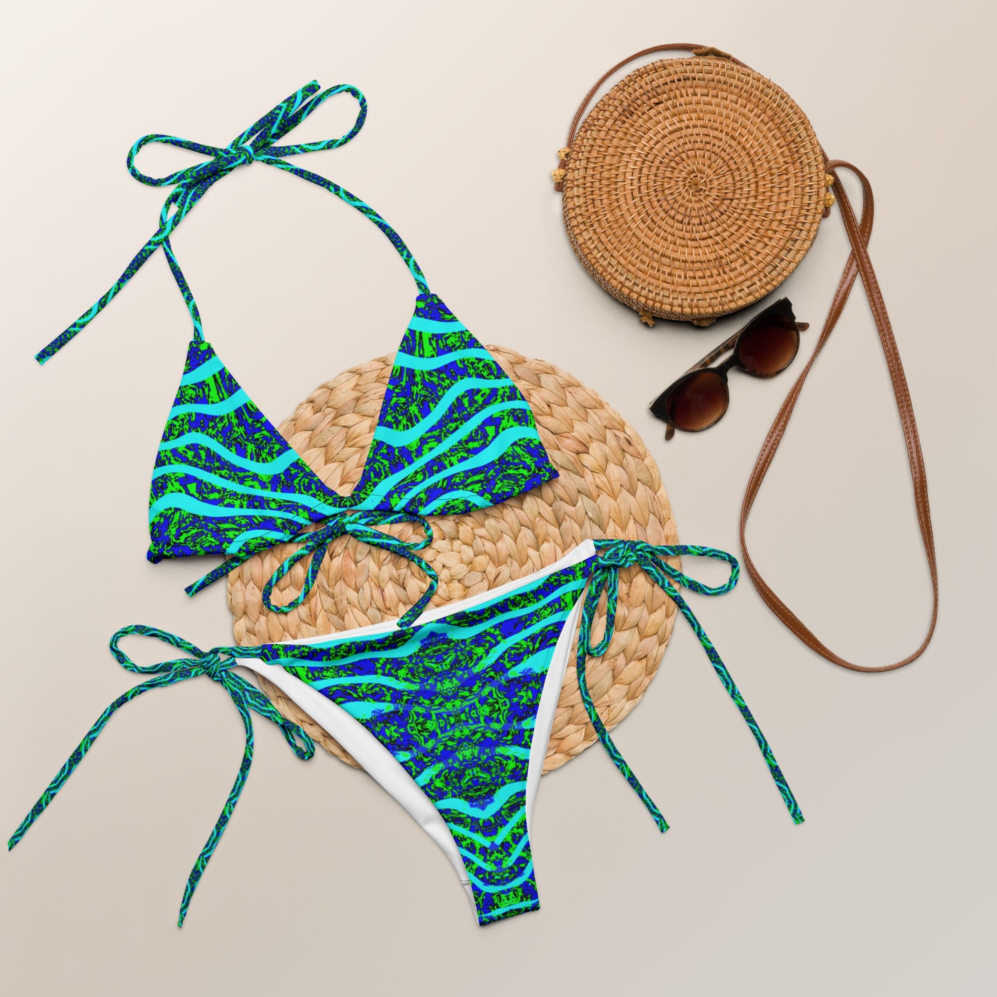 Green blue over top wave All-over print recycled string bikini