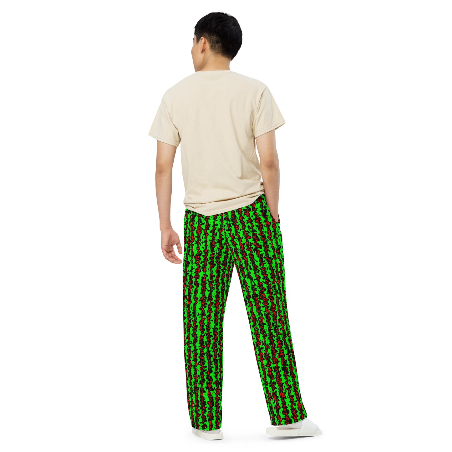 Color Noise Green & Red & Black All-over print unisex wide-leg pants