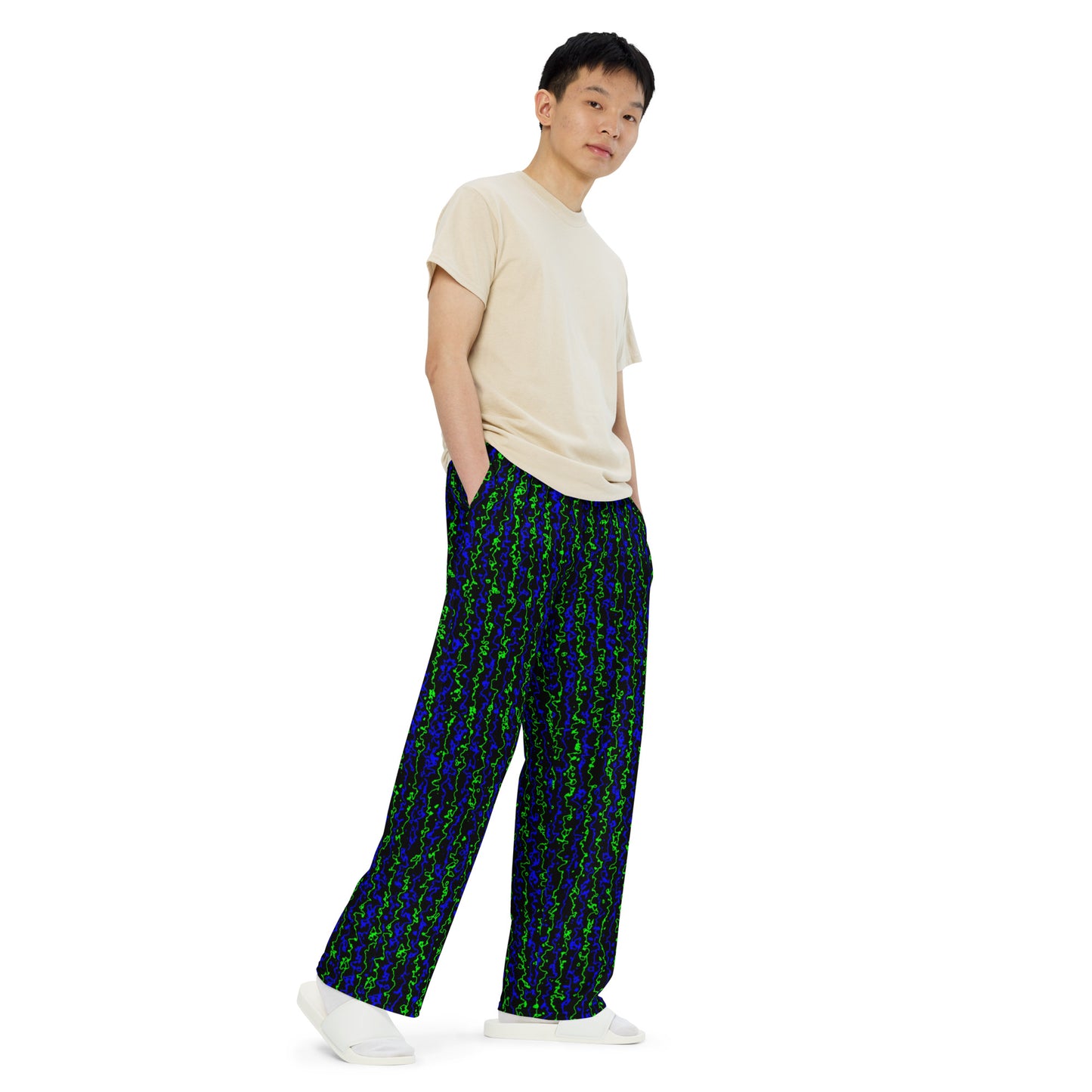 Color Noise Green & Blue & Black All-over print unisex wide-leg pants