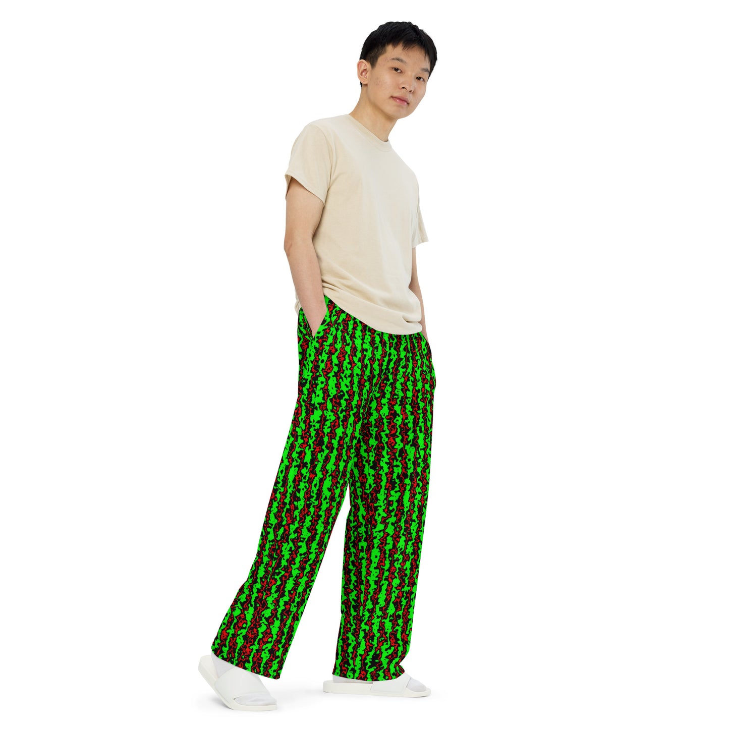 Color Noise Green & Red & Black All-over print unisex wide-leg pants