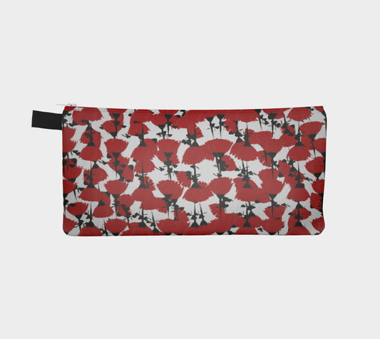 "Rose Bed" pencil case. For sale from Lost Woods Arts. Pattern is of repeating red roses laid over top of each other.