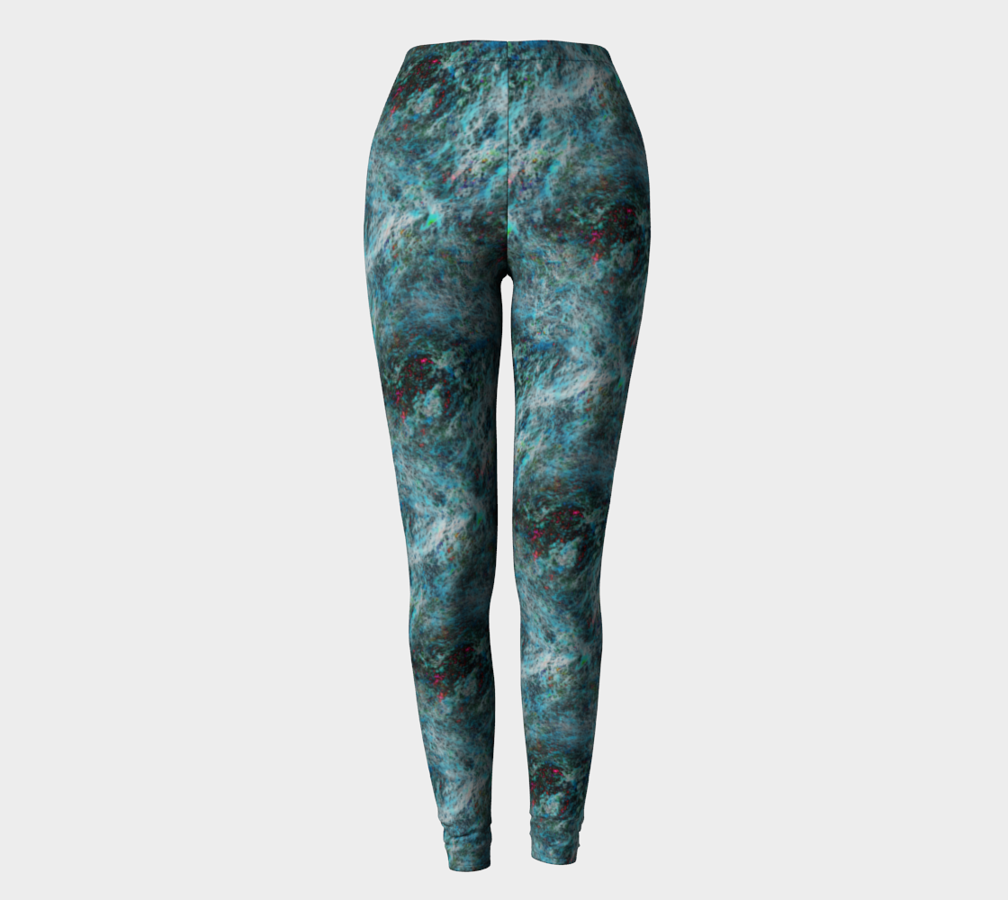 "Blue Storm" leggings, from Lost Woods Arts. With these comfy and stylish body hugging leggings you can go from yoga to dinner without having to change your leggings. Compression fit performance fabric milled in Montreal. Made to last, this fabric won't lose shape and the vibrant print will never fade.