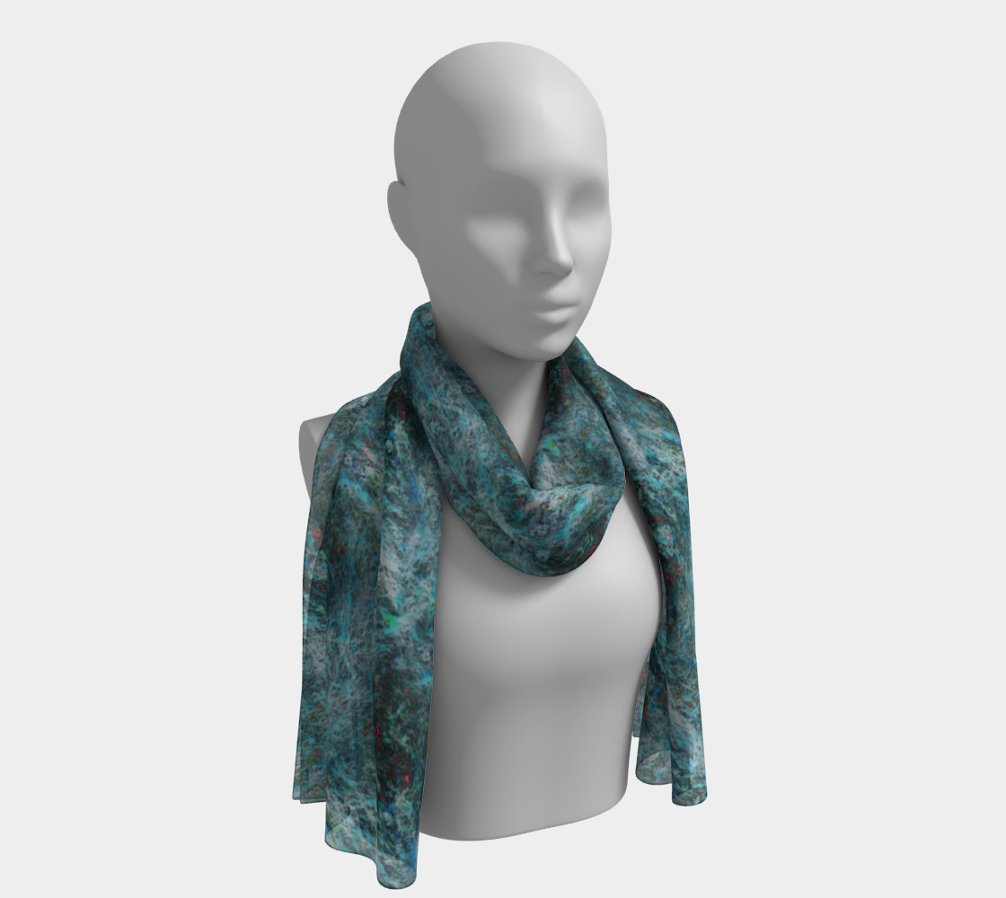 The "Blue Storm" long scarf is a fluid and beautiful draped scarf. And its the perfect way to dress up any outfit and wear art wherever you go.