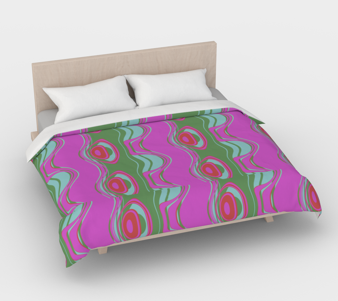 "The Far Out Wave" duvet cover by Lost Woods Arts, is composed of 100% cotton sateen. This smooth and satiny soft fabric is naturally luxurious. Pair it with a matching pillowcase and make bed the best place to be with unique artwork printed bedding! Pattern on cover: The Far Out Wave: "The Far Out Wave" is a retro inspired pattern. Reminiscent of a lava lamp with its floating globules. This is a pattern someone could stare into for ever and never lose interest.