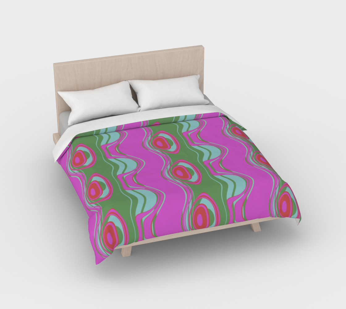 "The Far Out Wave" duvet cover by Lost Woods Arts, is composed of 100% cotton sateen. This smooth and satiny soft fabric is naturally luxurious. Pair it with a matching pillowcase and make bed the best place to be with unique artwork printed bedding! Pattern on cover: The Far Out Wave: "The Far Out Wave" is a retro inspired pattern. Reminiscent of a lava lamp with its floating globules. This is a pattern someone could stare into for ever and never lose interest.