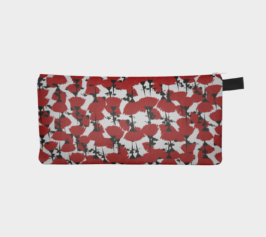 "Rose Bed" pencil case. For sale from Lost Woods Arts. Pattern is of repeating red roses laid over top of each other.