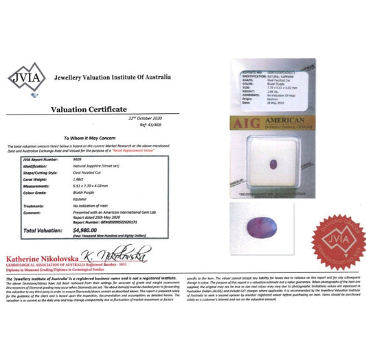 Certification for one loose sealed Kashmir Sapphire 1.66cts in weight for sale from Lost Woods Arts