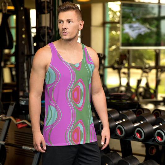 ﻿Far out man!  This tank top has everything you could possibly need – vibrant colors, soft material, and a relaxed fit that will make you look fabulous!  Pattern on tank top: The Far Out Wave:  "The Far Out Wave" is a retro inspired pattern. Reminiscent of a lava lamp with its floating globules. This is a pattern someone could stare into for ever and never lose interest.