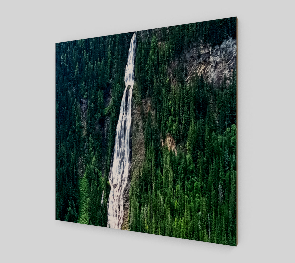 The "Lake Waterfall" wood art print. Available for sale from Lost Woods Arts. Lake Waterfall is an photograph taken on Kinbasket lake, BC, Canada.