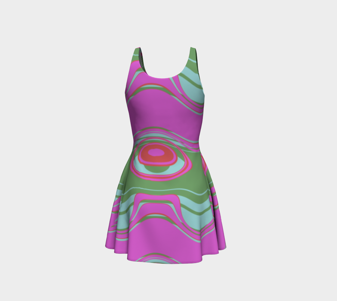 "The Far Out Wave" flare dress by Lost Woods Arts features a fitted, body hugging top with a flared bottom skirt starting at the waist, this flared dress is ready to move with you from office to dance floor.