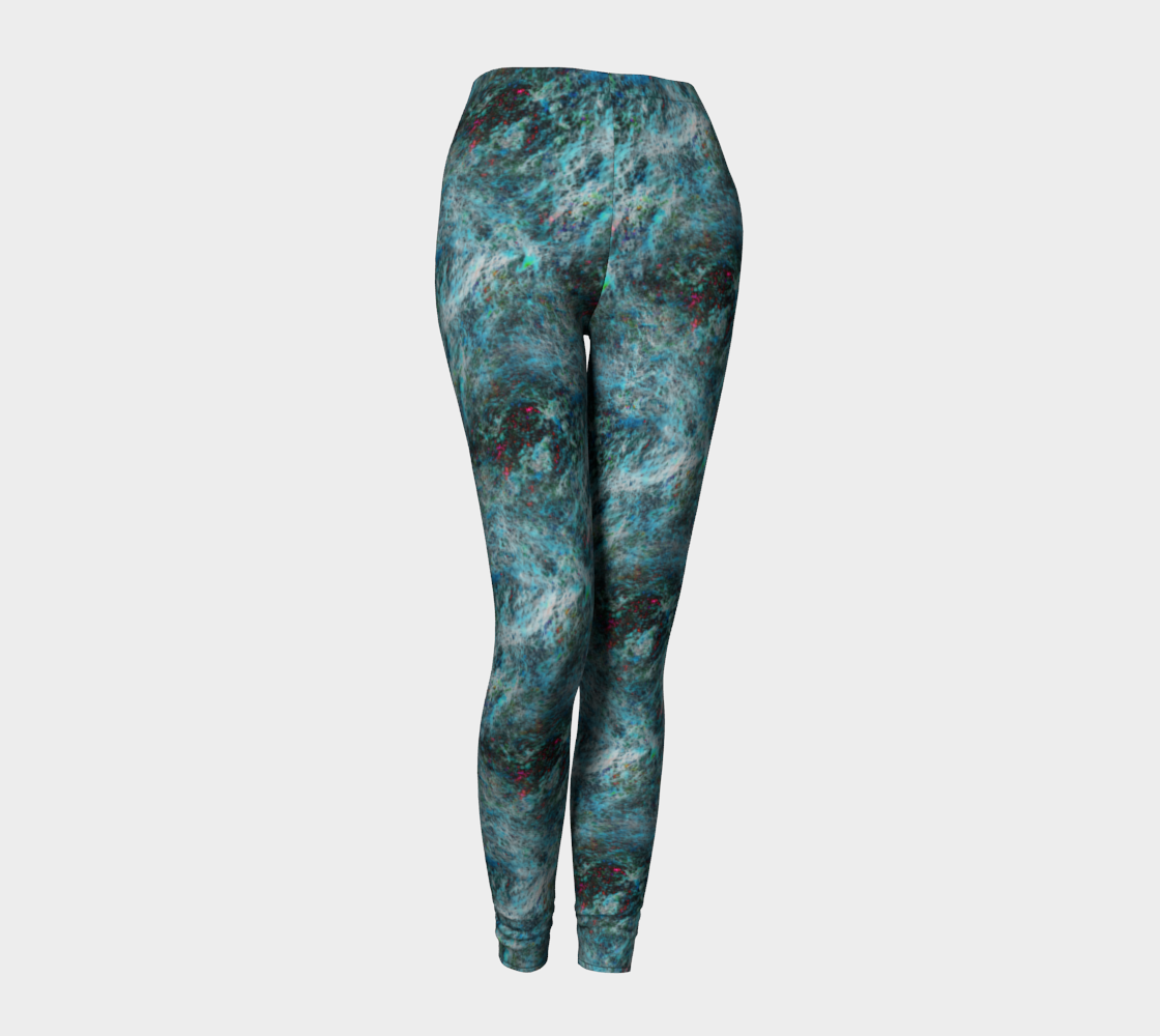 "Blue Storm" leggings, from Lost Woods Arts. With these comfy and stylish body hugging leggings you can go from yoga to dinner without having to change your leggings. Compression fit performance fabric milled in Montreal. Made to last, this fabric won't lose shape and the vibrant print will never fade.