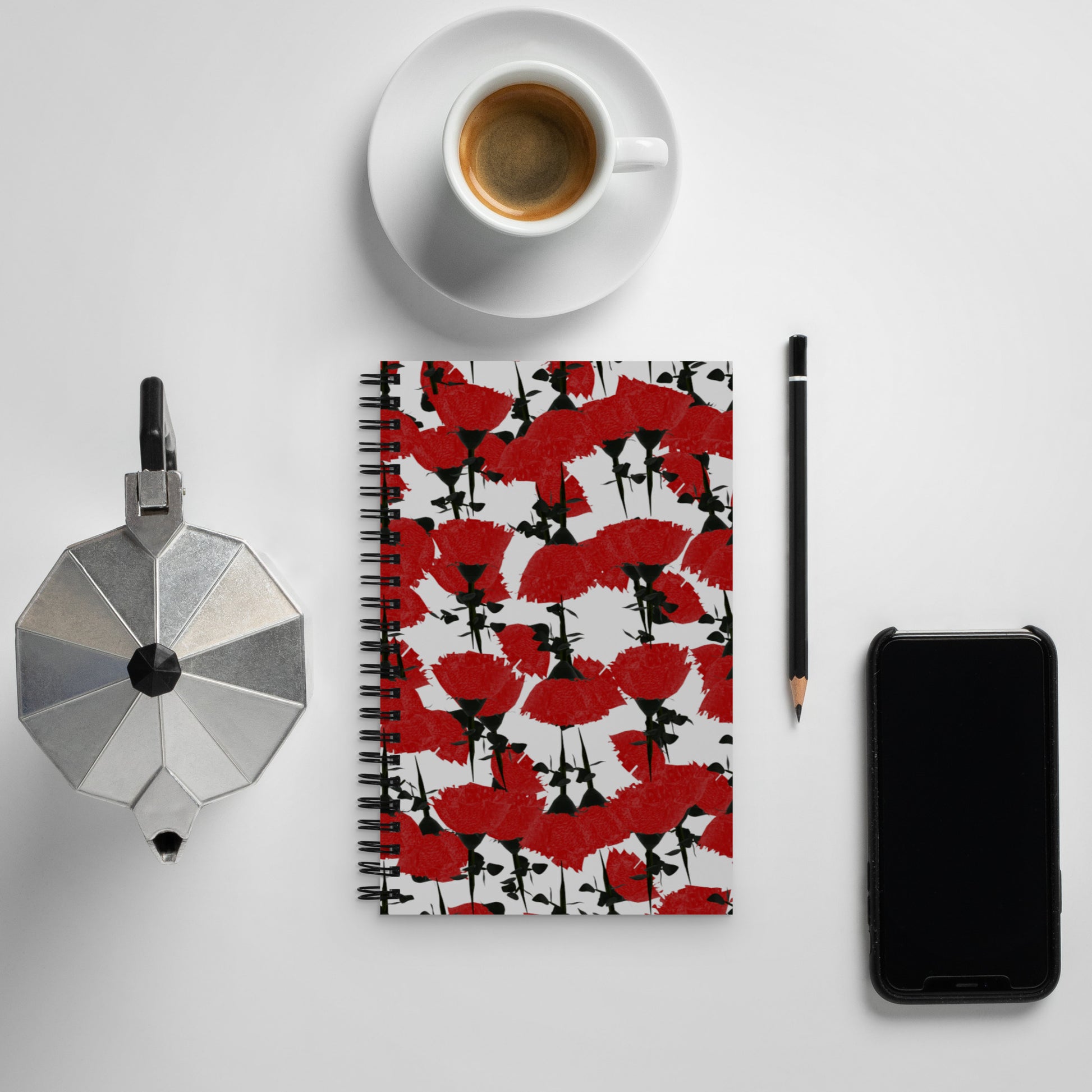 "Rose Bed" spiral notebook. For sale from Lost Woods Arts. The "Rose Bed" pattern is made up of overlapping red roses falling on top of each other.