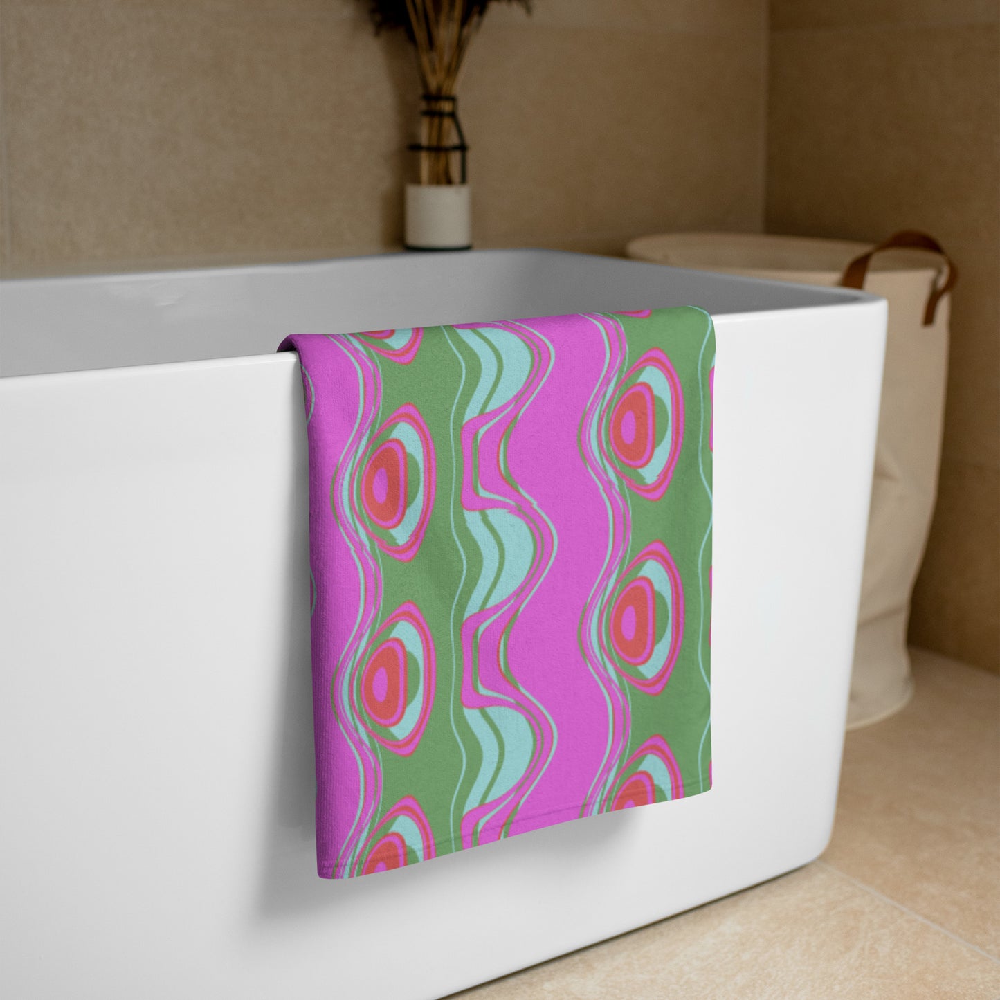 Far out man!  Give your bathroom a vibrant look and wrap yourself up with this super soft and cozy all-over artwork printed towel.  Pattern on towel: The Far Out Wave:  "The Far Out Wave" is a retro inspired pattern. Reminiscent of a lava lamp with its floating globules. This is a pattern someone could stare into for ever and never lose interest.