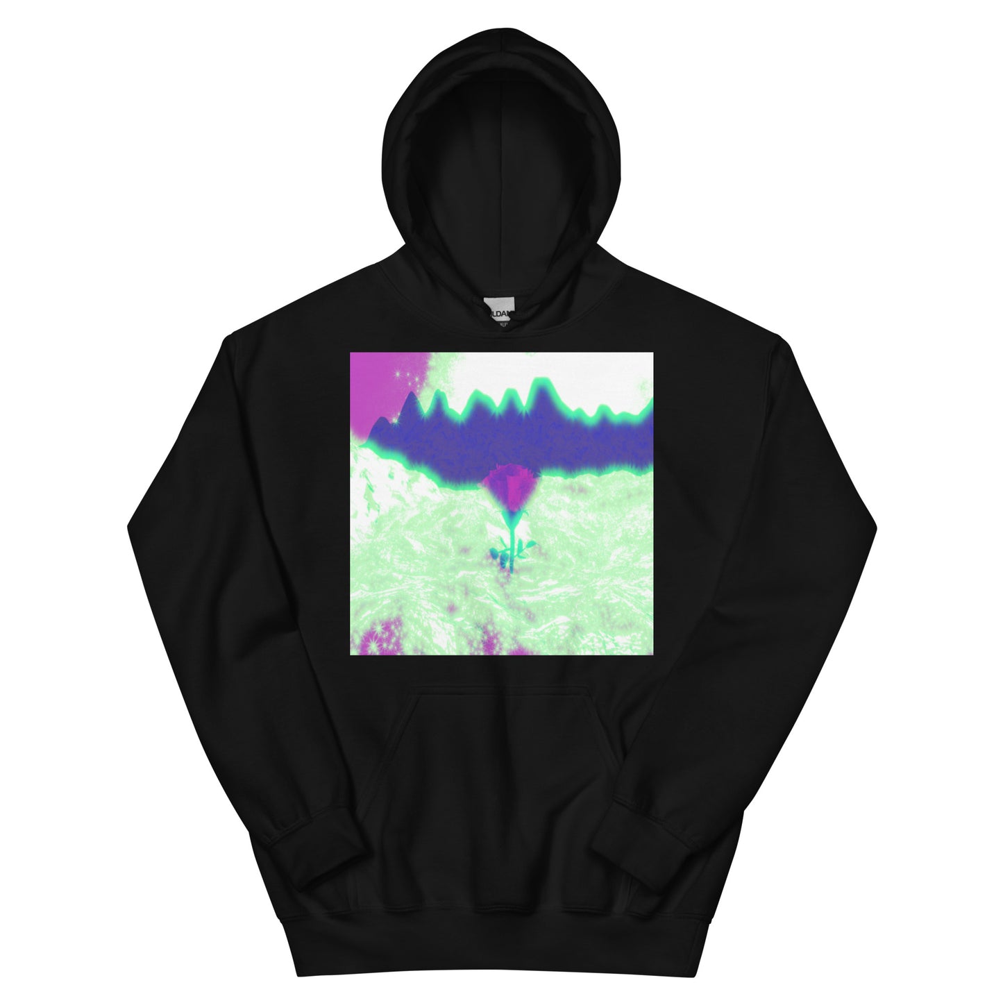 Rosy Haze unisex hoodie available from Lost Woods Arts. Color shown: Black