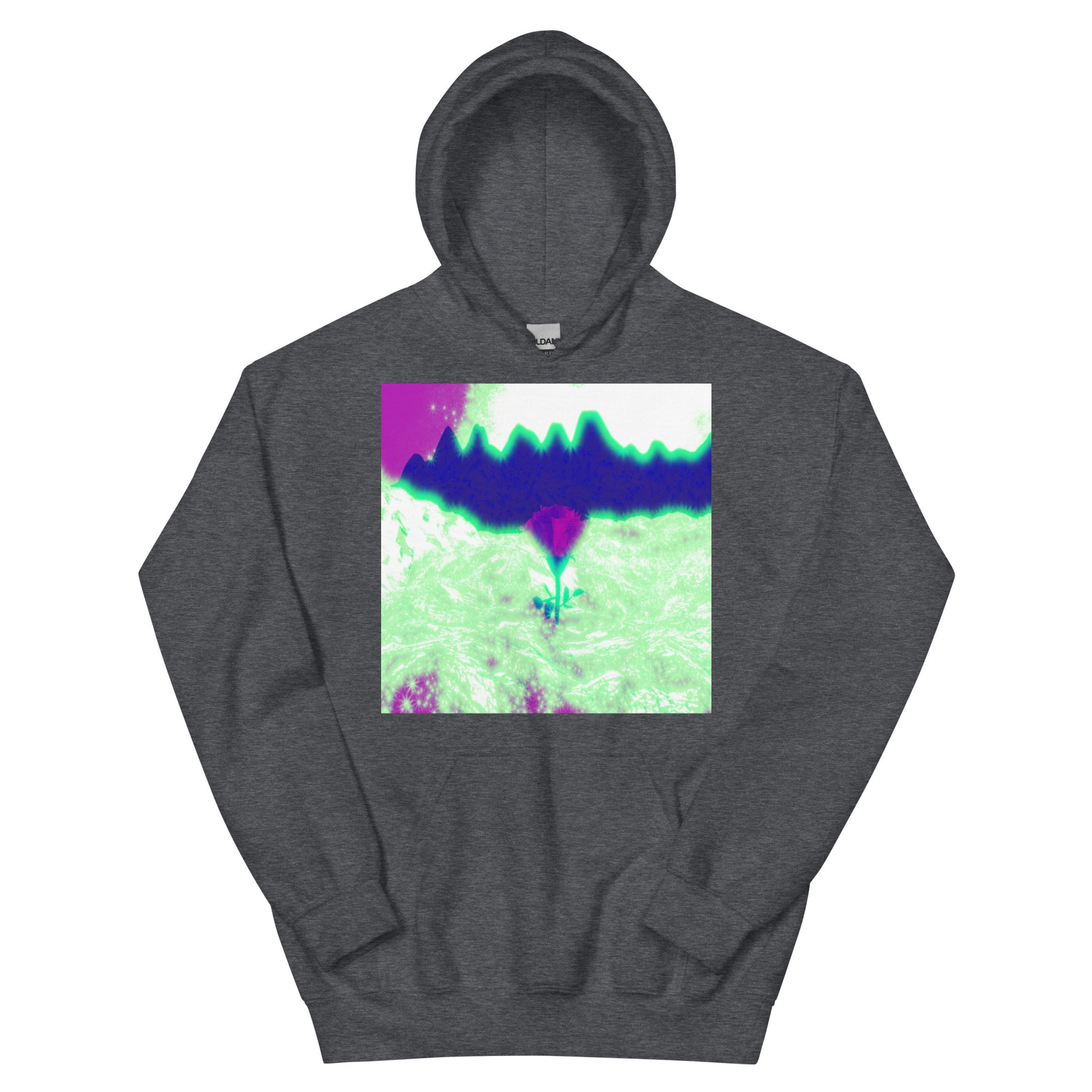 Rosy Haze unisex hoodie available from Lost Woods Arts. Color shown: Dark Heather