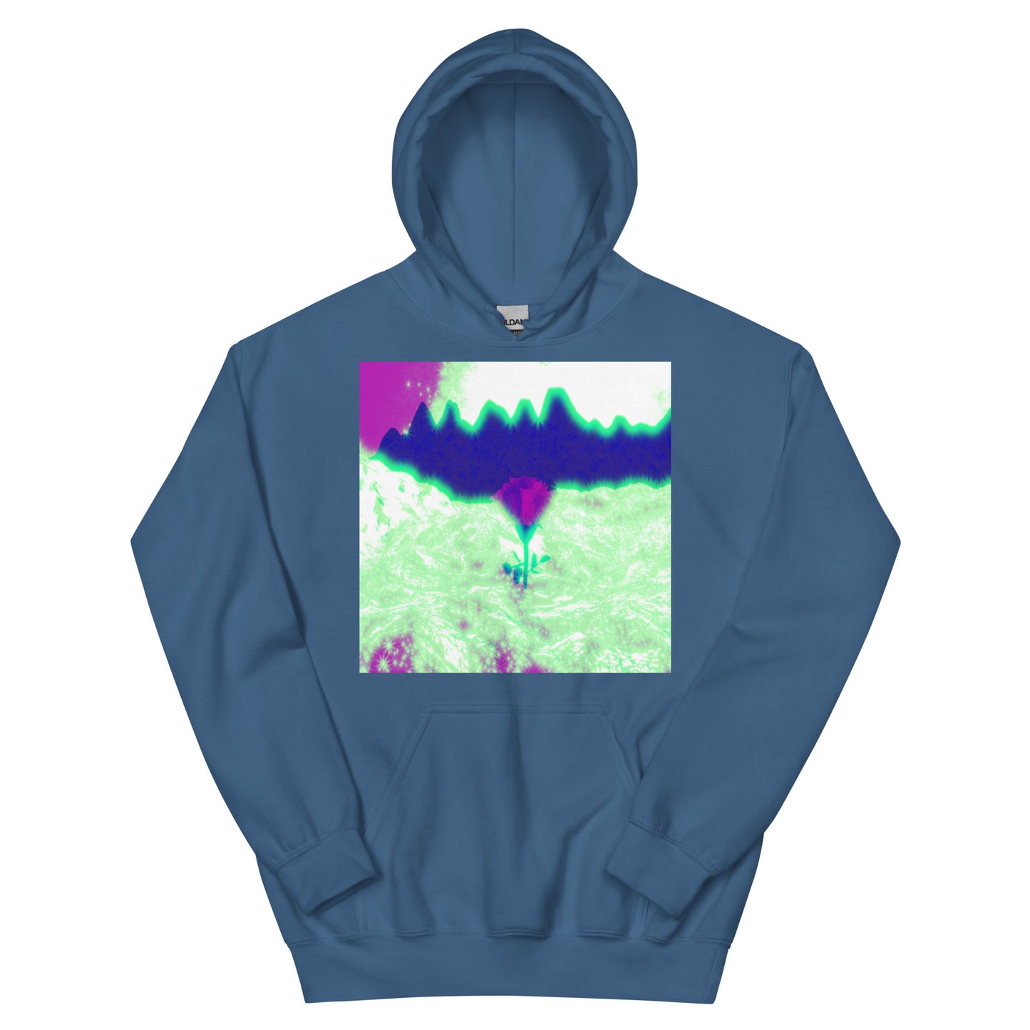 Rosy Haze unisex hoodie available from Lost Woods Arts. Color shown: Indigo Blue