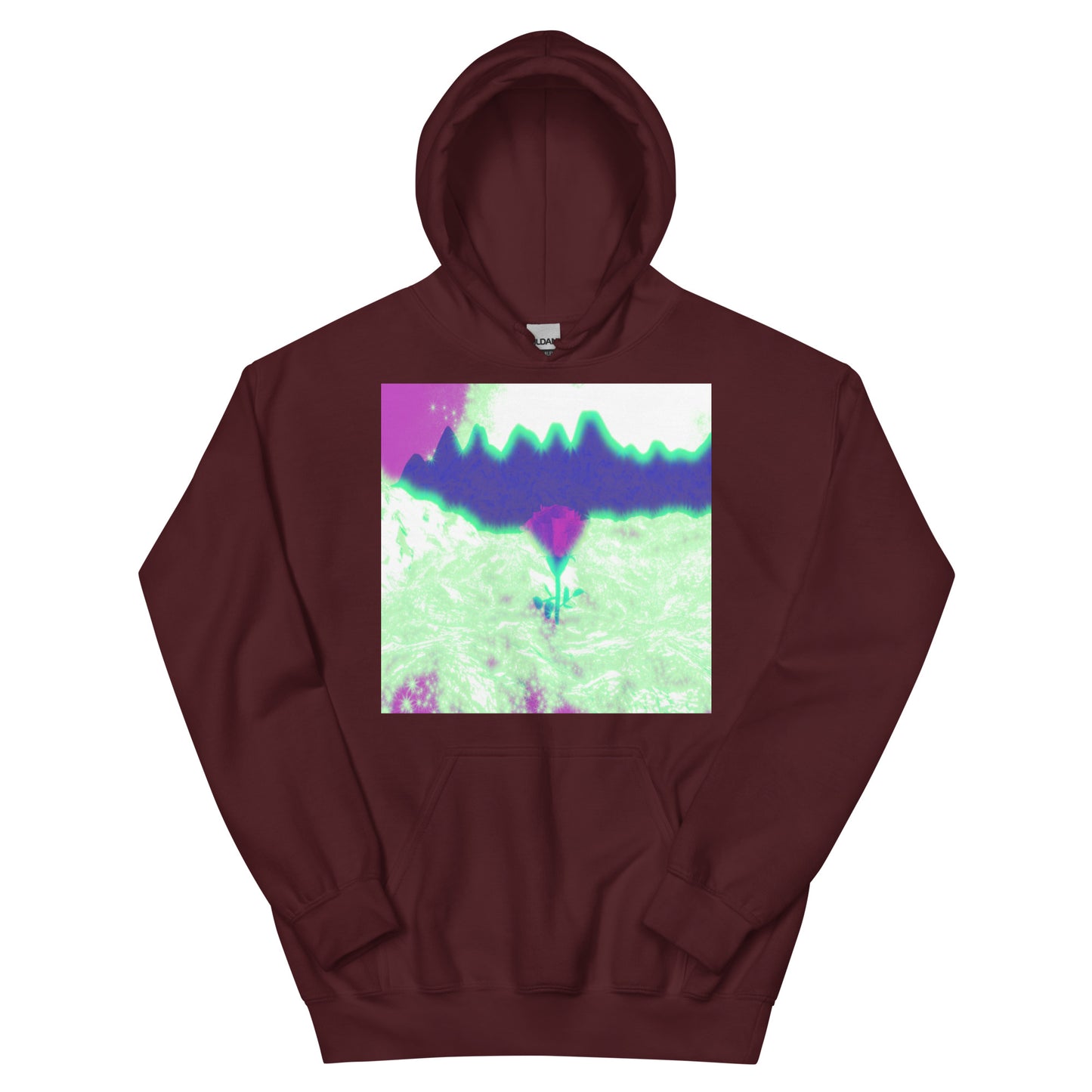 Rosy Haze unisex hoodie available from Lost Woods Arts. Color shown: Maroon