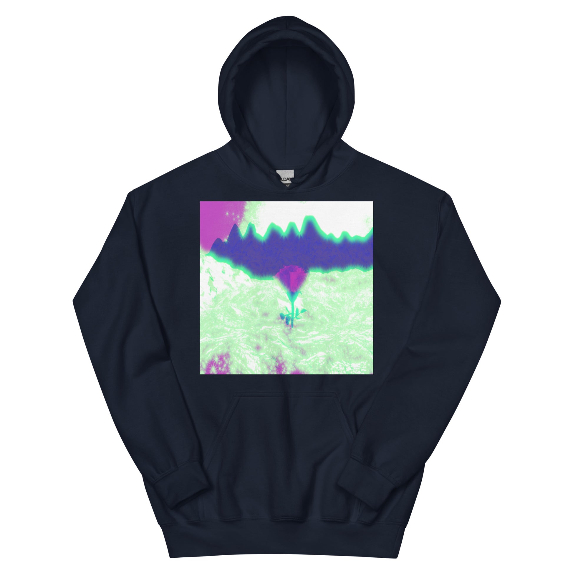 Rosy Haze unisex hoodie available from Lost Woods Arts. Color shown: Navy