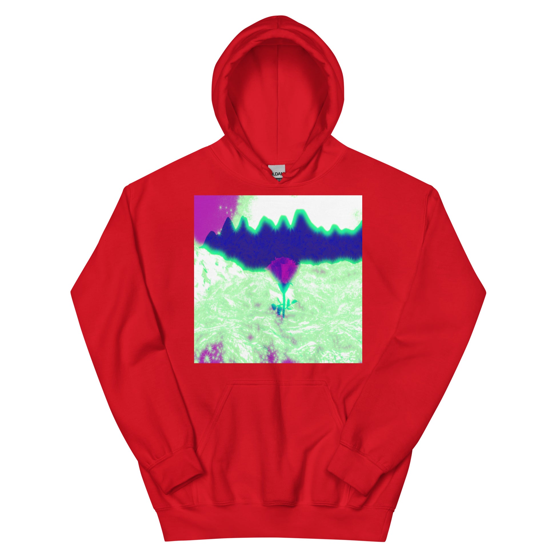 Rosy Haze unisex hoodie available from Lost Woods Arts. Color shown: Red